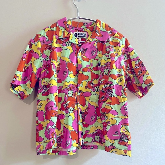 Bape Tops - A BATHING APE BAPE FLOWER ONE POINT OPEN COLLAR SHIRT